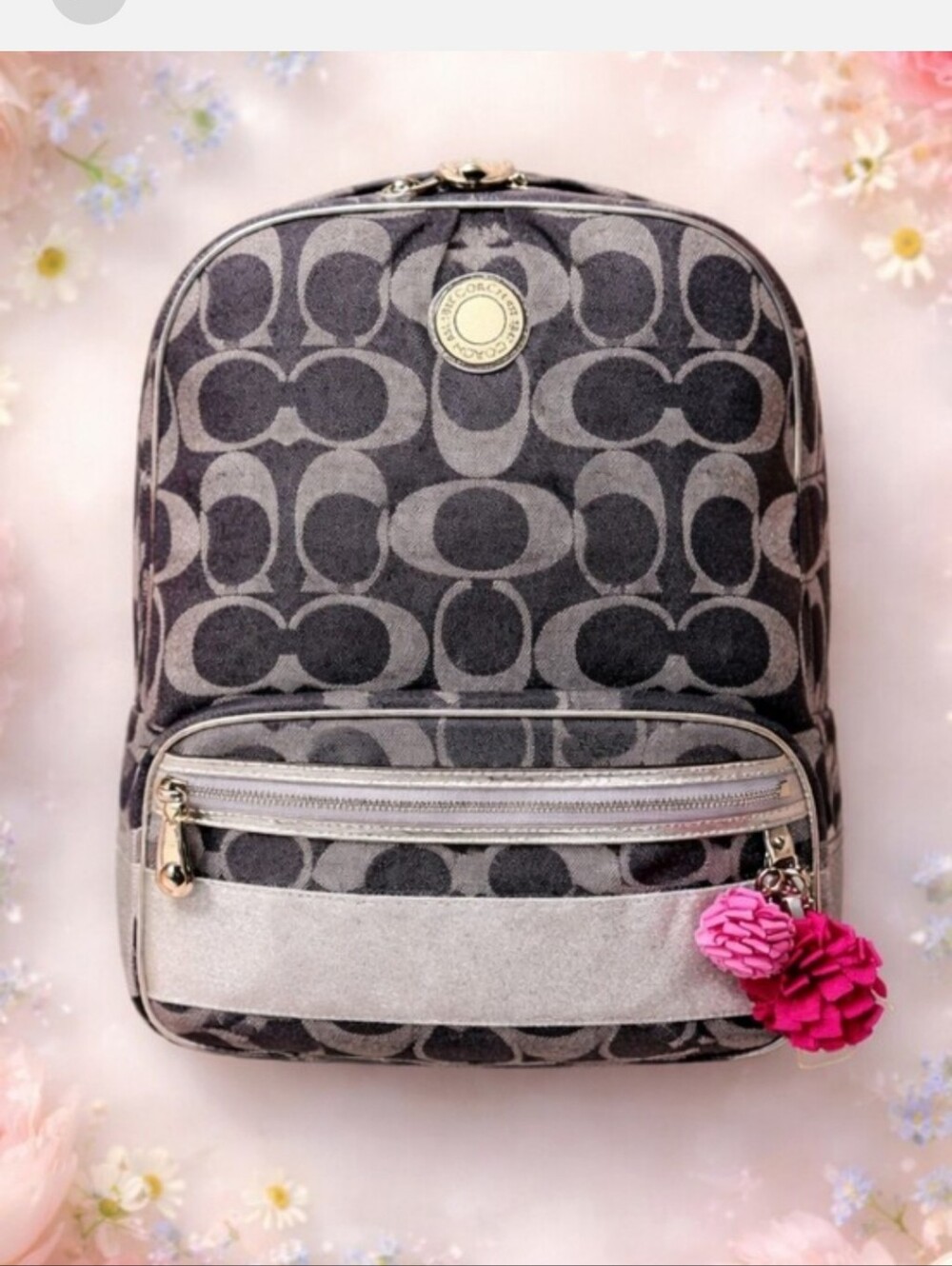 Coach Signature Canvas Small Backpack in Charcoal with Pink Charm EUC